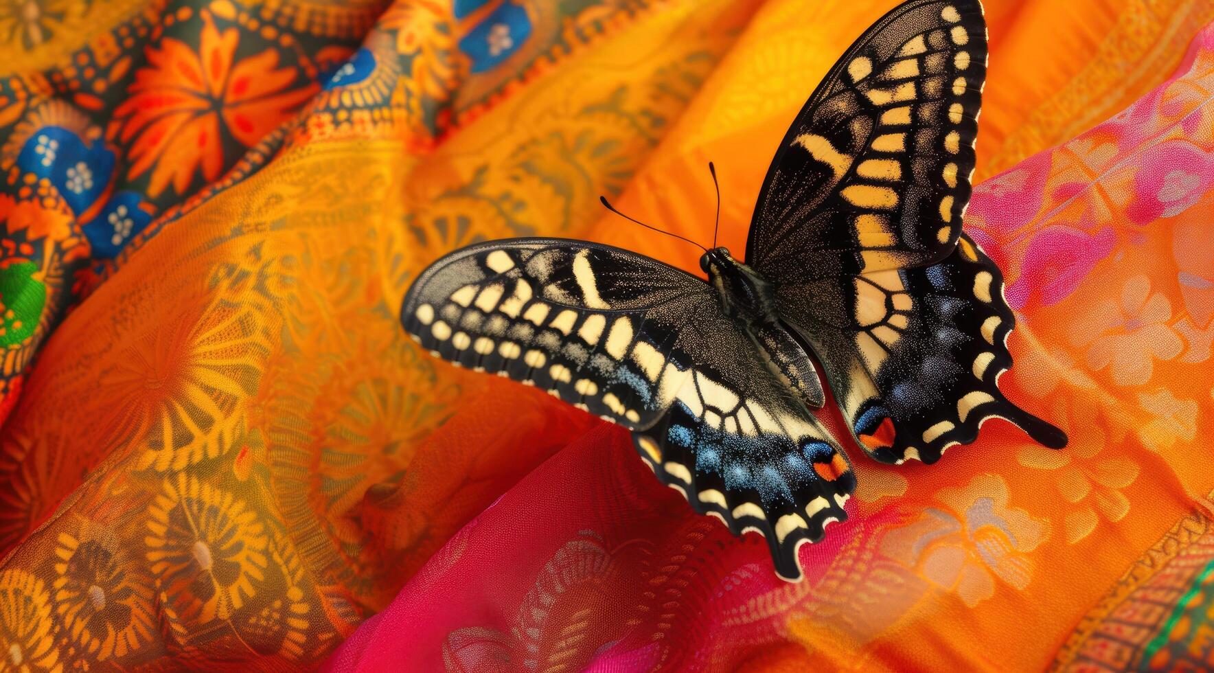 Vibrant butterfly on colorful floral background photo