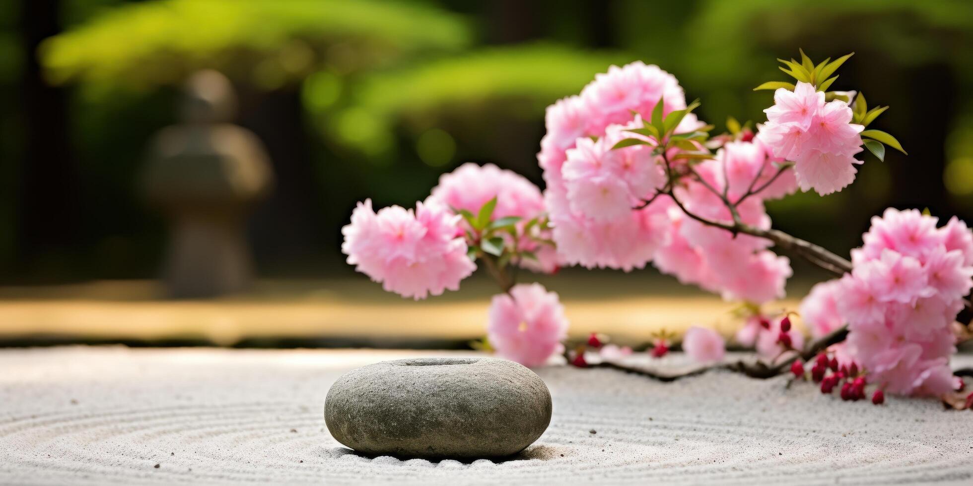 serene zen garden with pink cherry blossoms photo