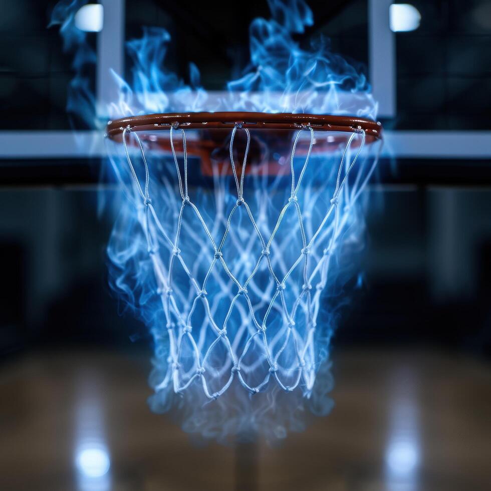 Smoking basketball hoop with blue smoke photo