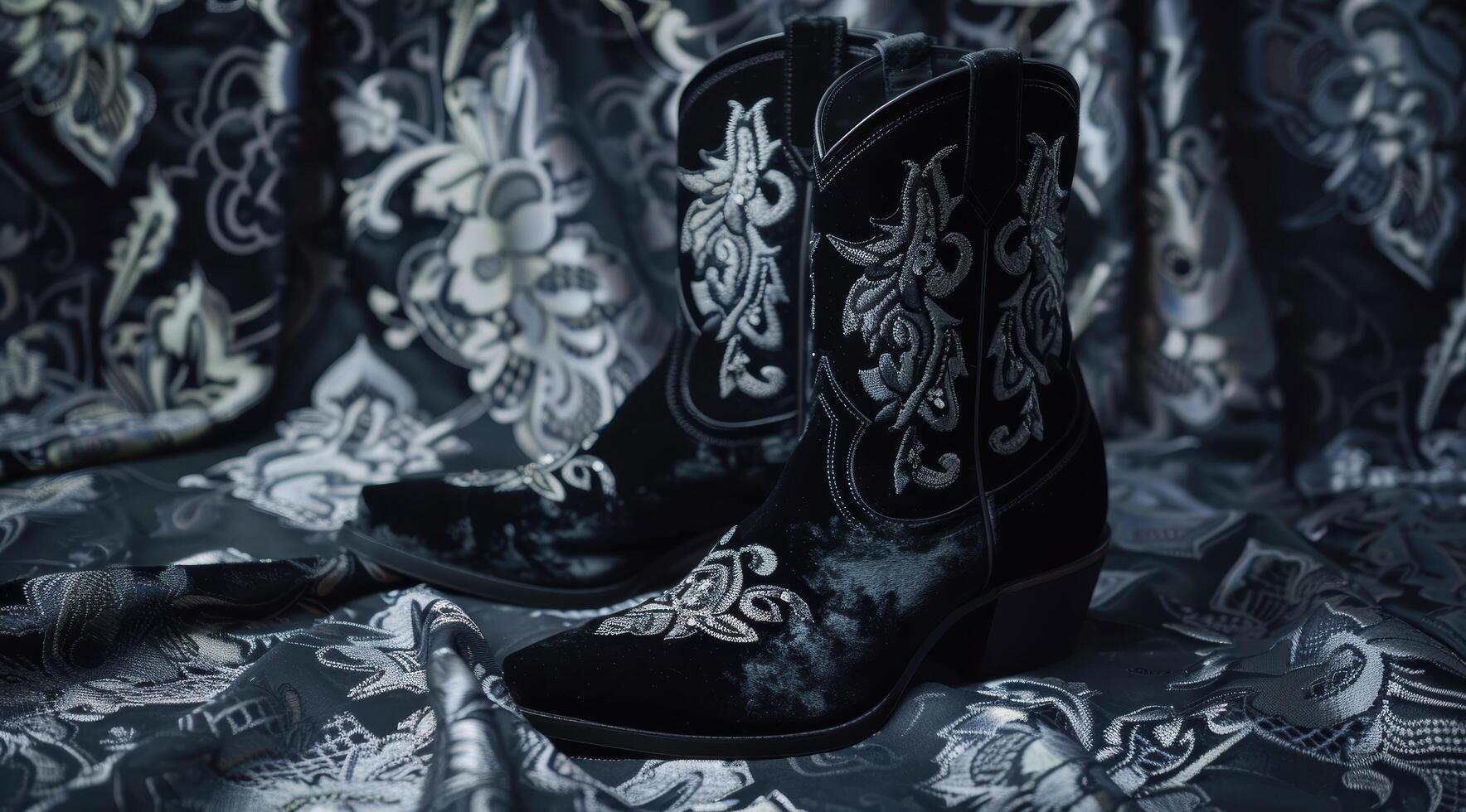 Ornate cowboy boots on patterned fabric photo