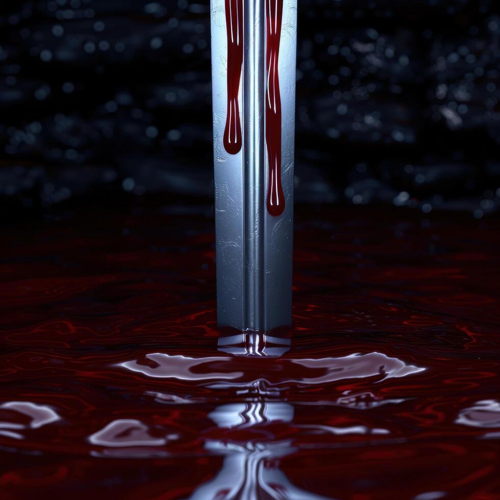 Dramatic red liquid dripping from a metal container photo