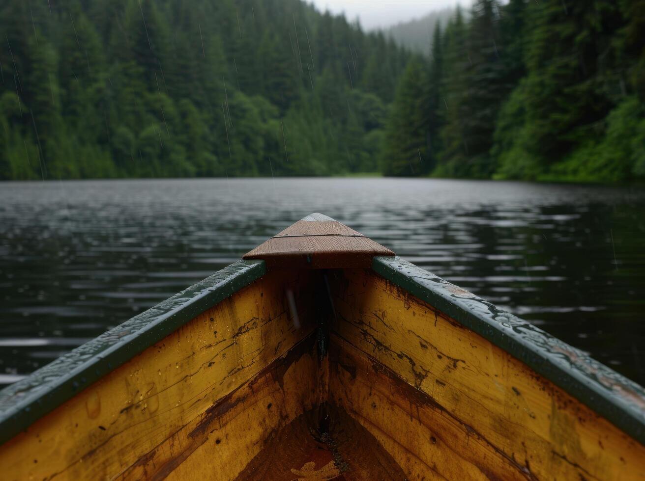 Wooden Canoe Floating on Serene Lake Surrounded by Lush Evergreen Forest photo