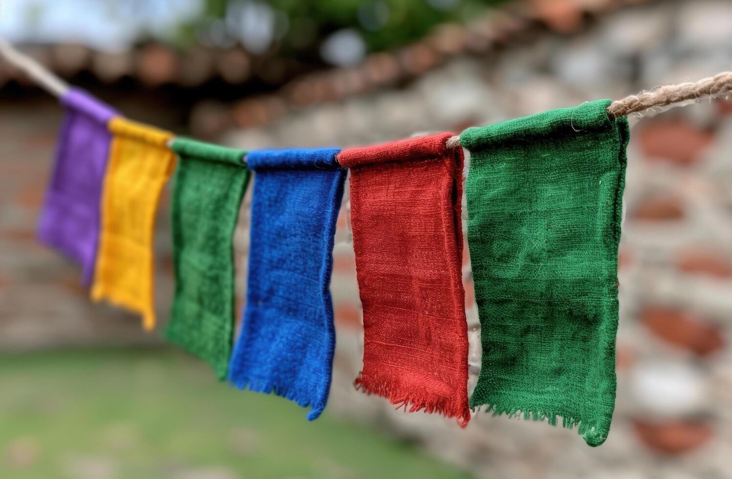 Colorful fabric strips hanging on a clothesline photo