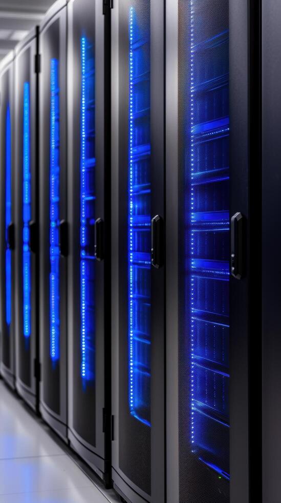 Rows of illuminated server racks in a data center photo
