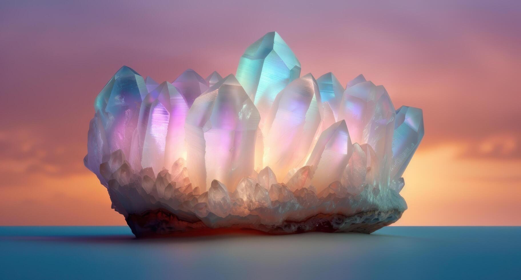 Colorful crystal cluster against sunset sky photo