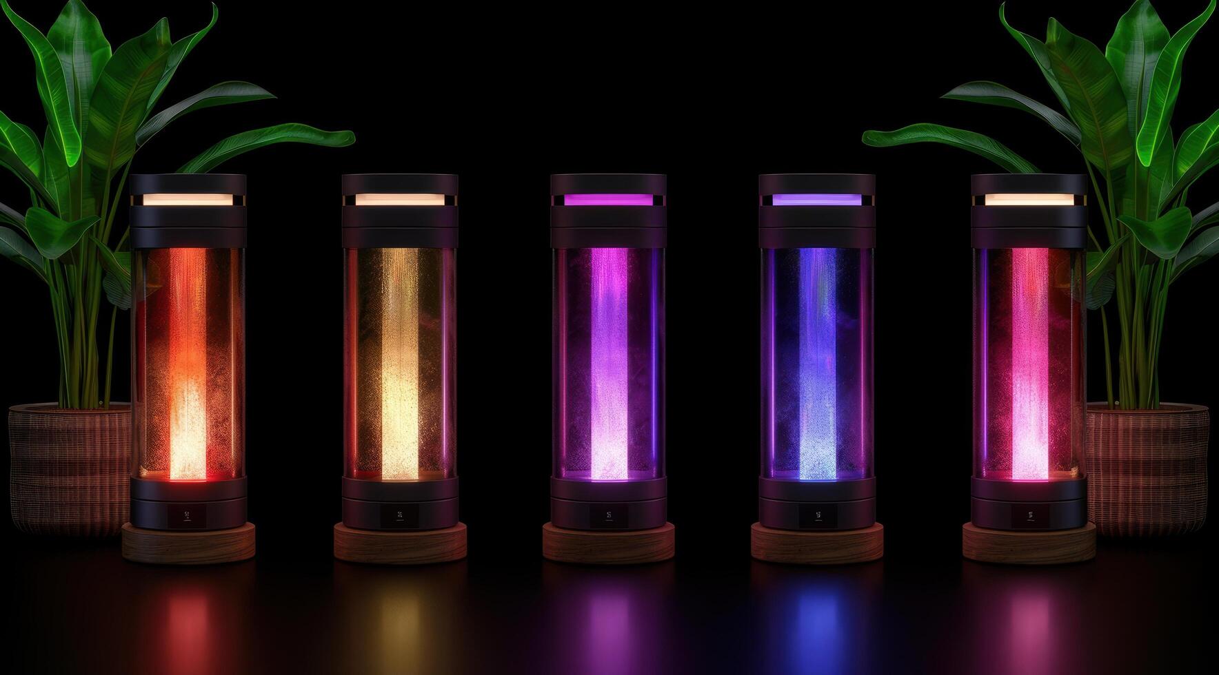 Colorful modern lamps with tropical plants photo