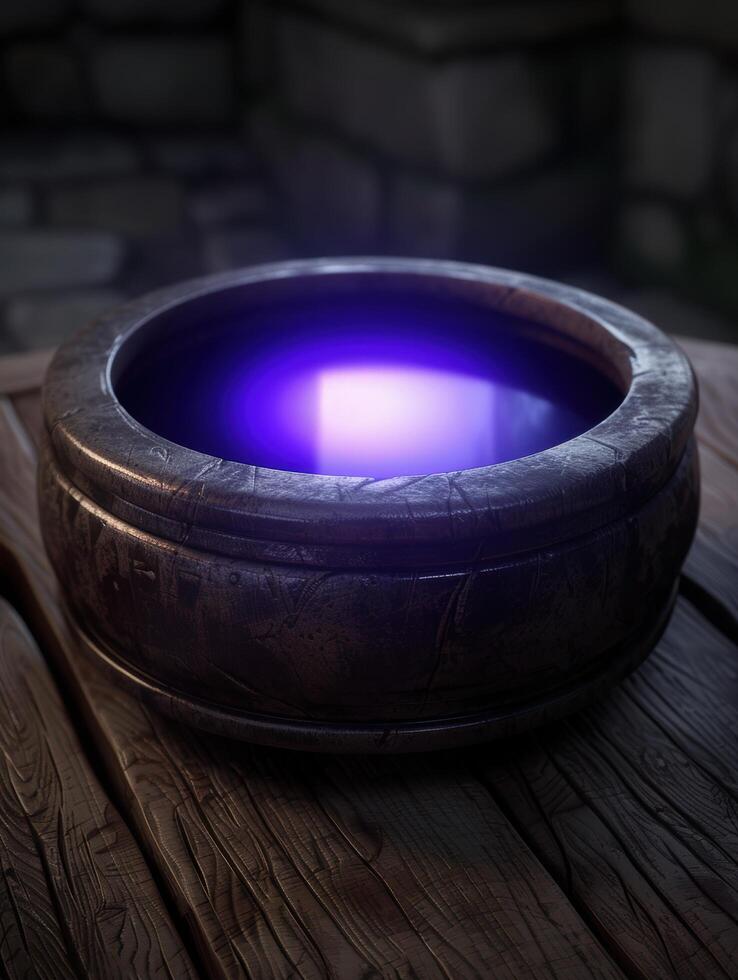 Glowing mystical portal in dark wooden container photo