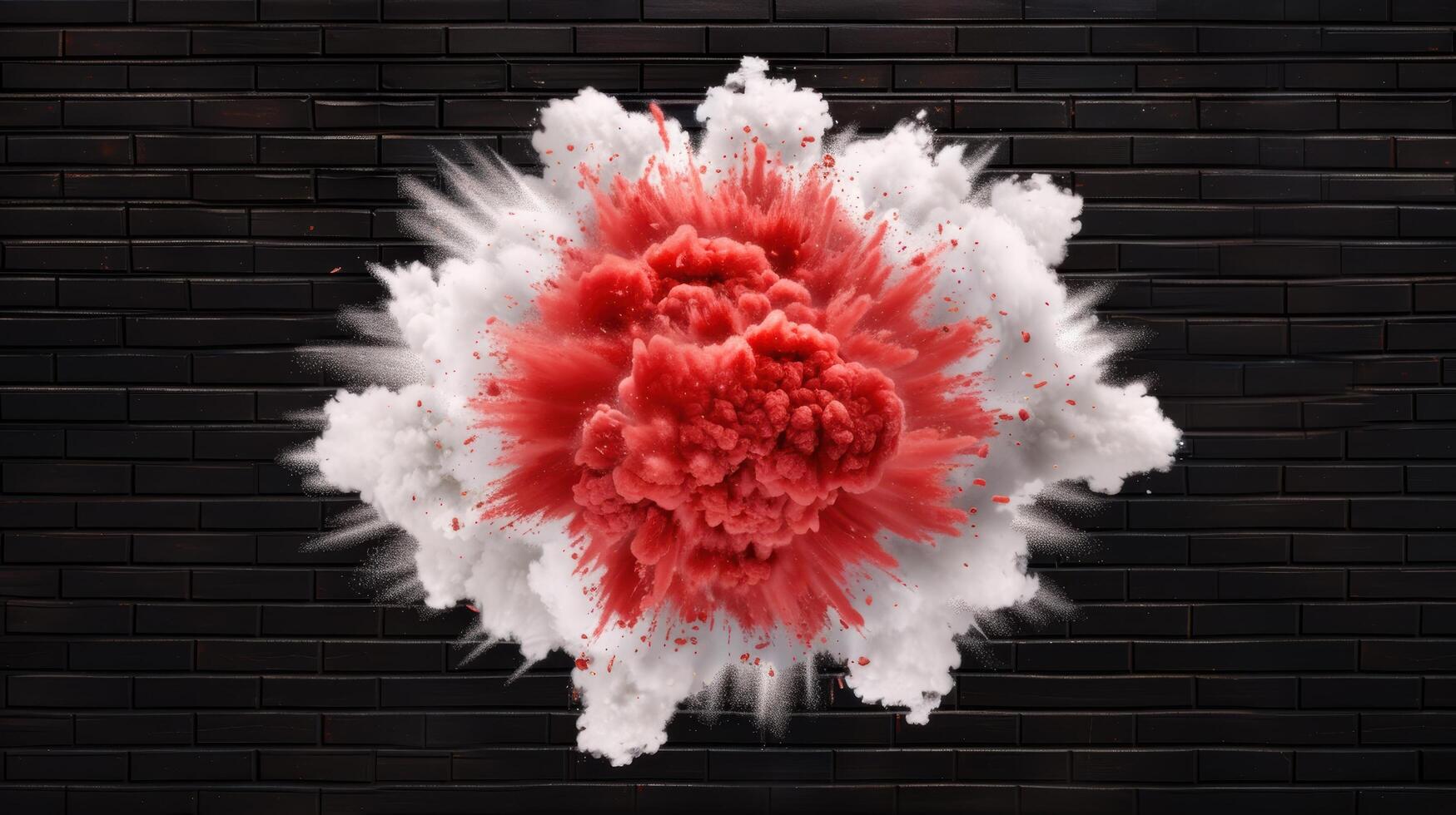 Dramatic explosion of red and white powder against a dark brick wall photo