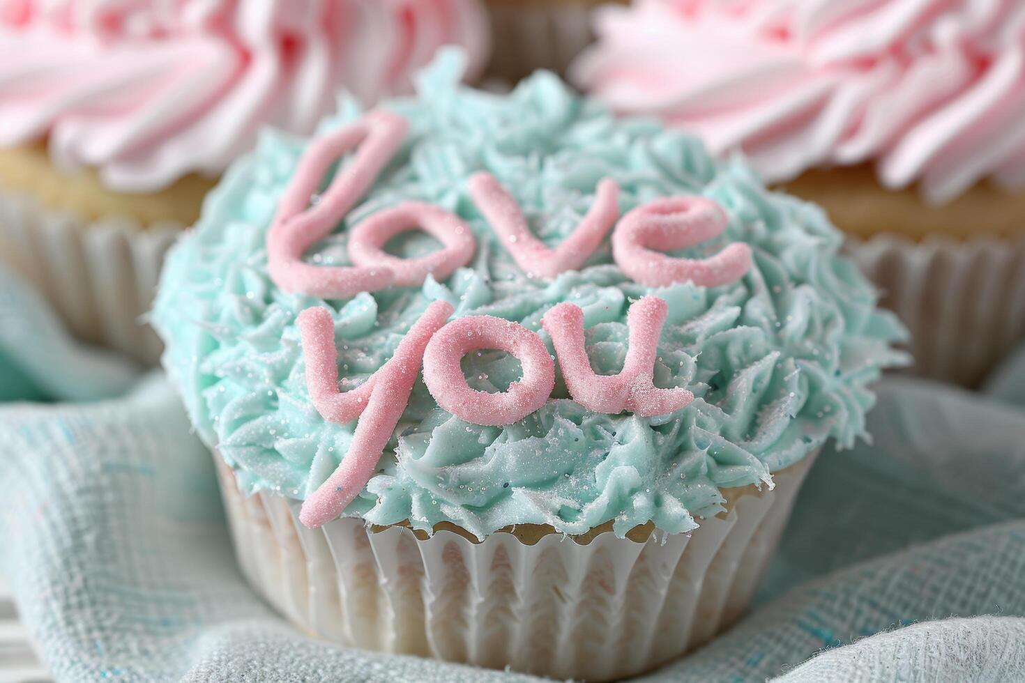 Delicious love themed cupcake with pink and mint frosting photo