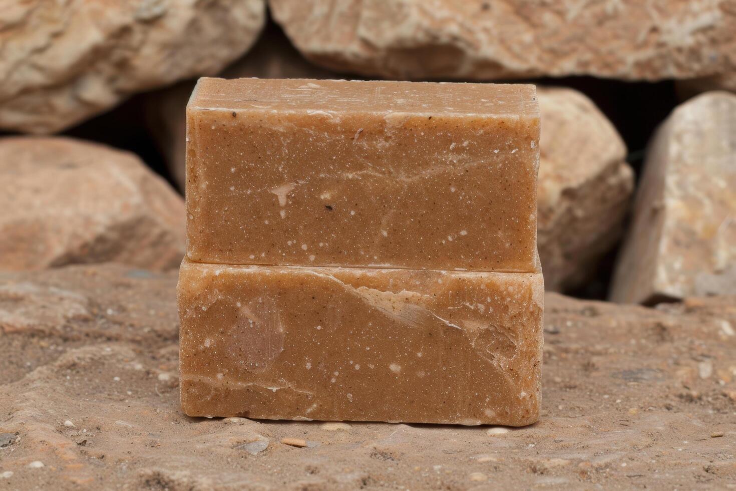 Handmade natural soap bar on rocky surface photo