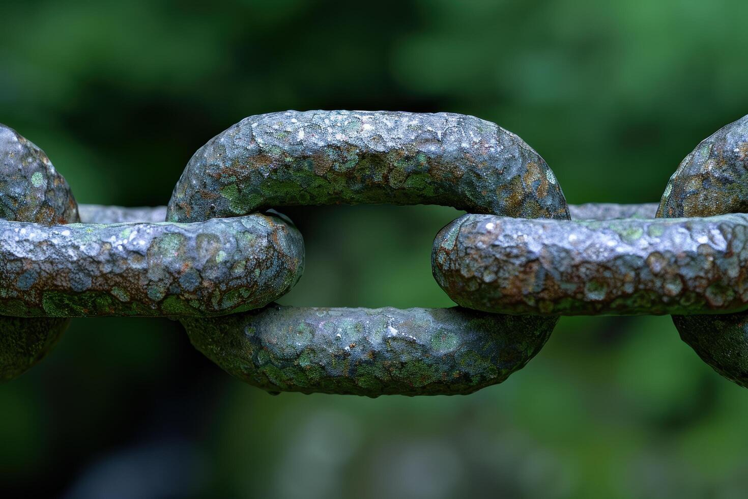 Rusted metal chain links in a green natural environment photo