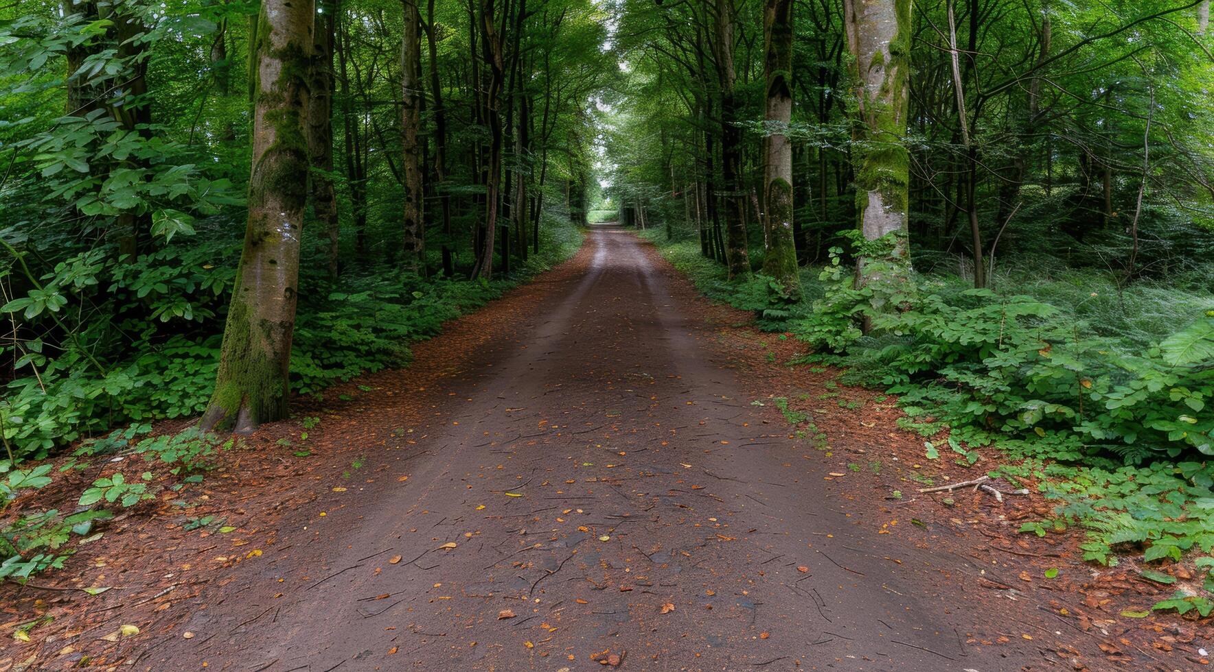 Enchanting forest path through lush green foliage photo