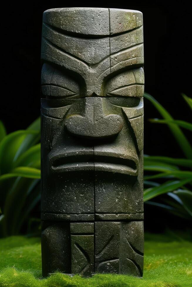 Carved stone tiki idol in tropical garden photo