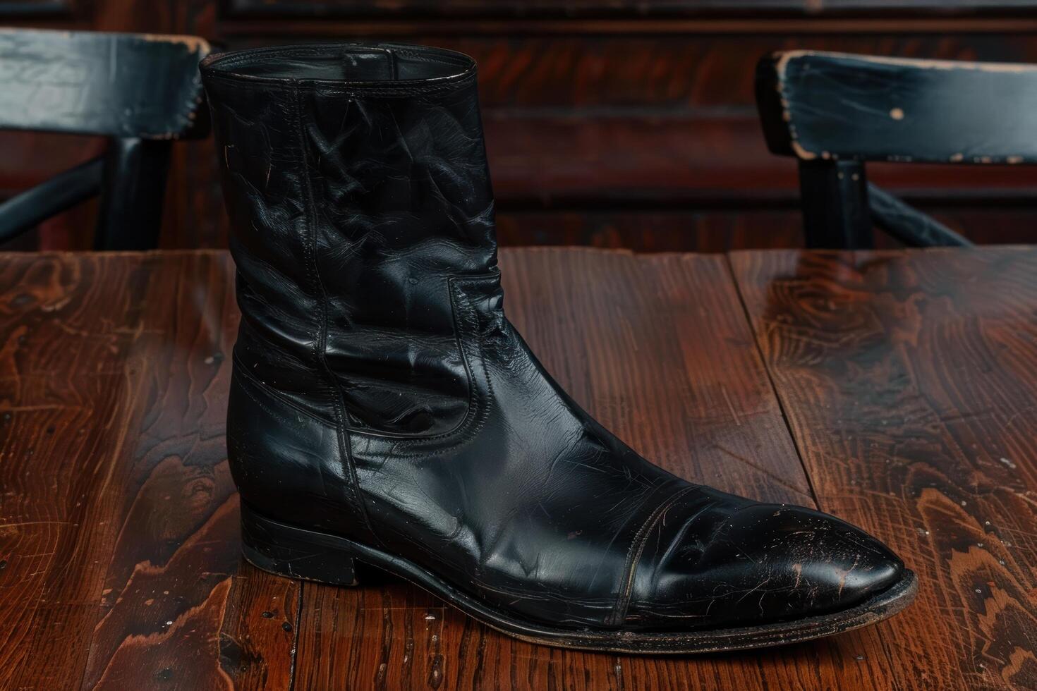 Vintage black leather boots on wooden floor photo