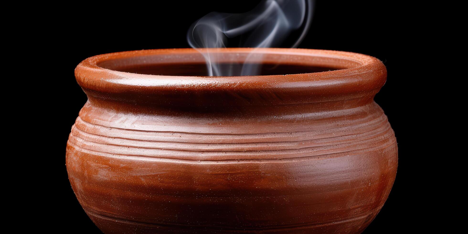 Steaming ceramic pot on black background photo