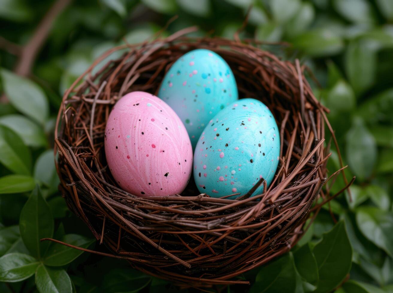 Colorful Easter eggs in a nest photo
