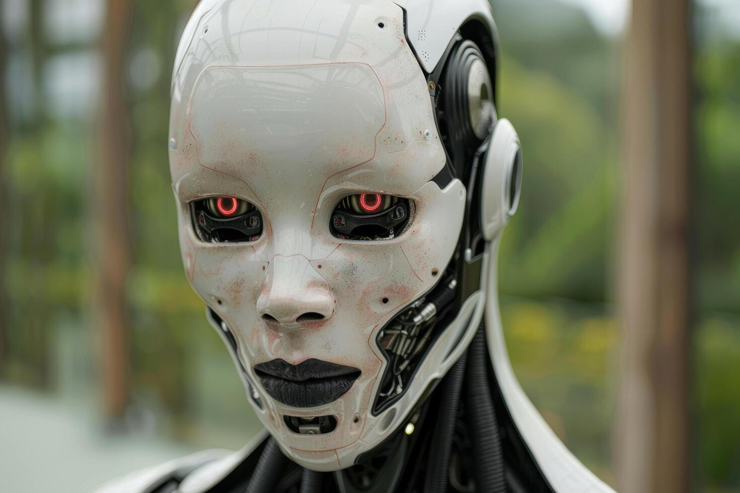 Futuristic robot face with glowing red eyes photo