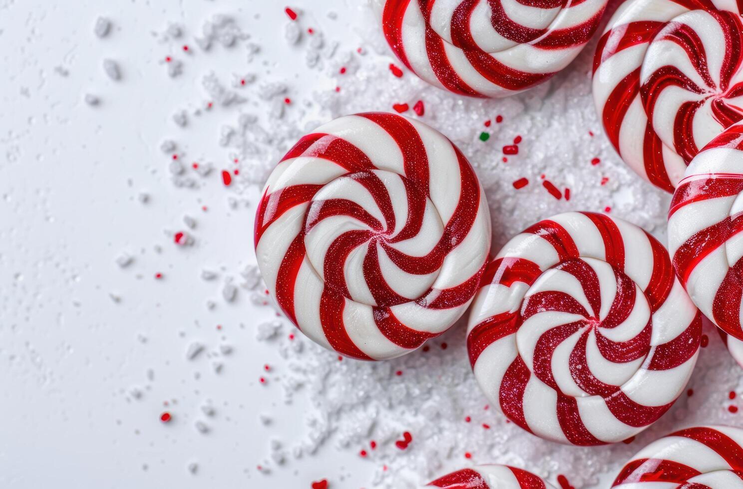 Festive red and white candy cane swirls on a snowy background photo