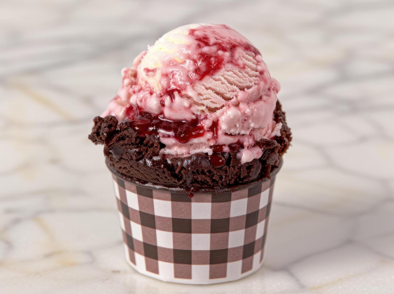 Delicious ice cream sundae with chocolate brownie and raspberry sauce photo