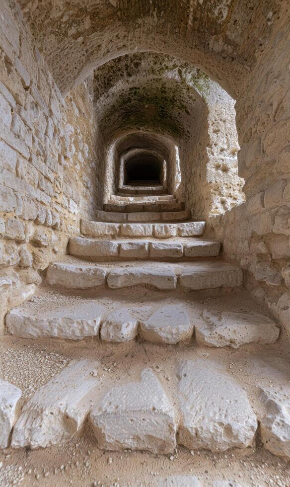 Ancient stone staircase in a dark, arched tunnel photo