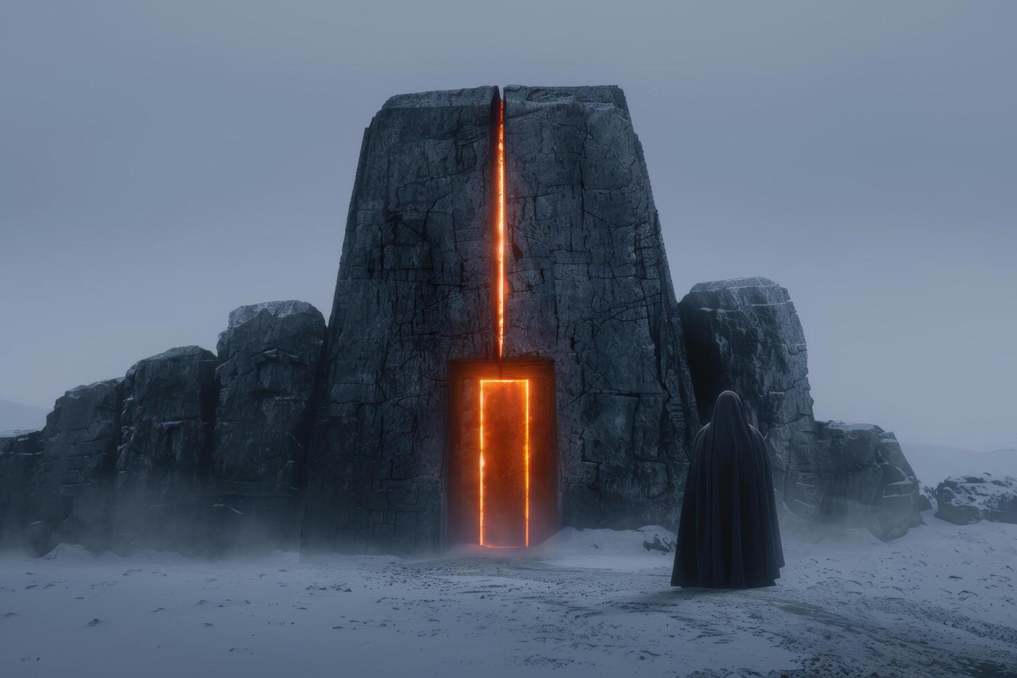 Mysterious glowing portal in snowy landscape photo
