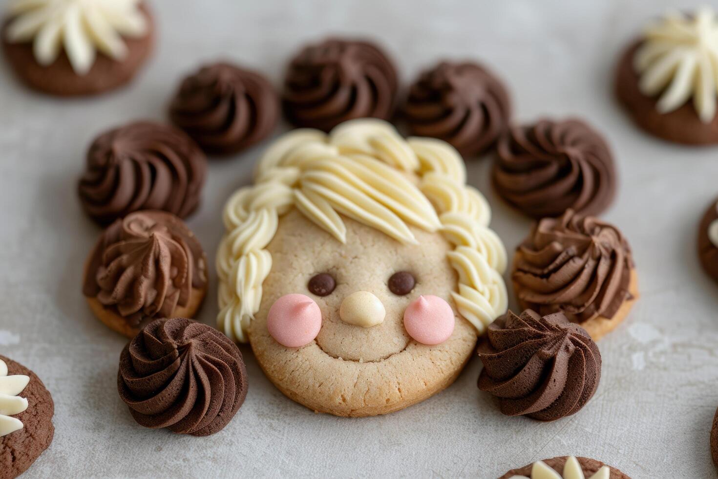 Cute cookie with frosting and chocolate decorations photo
