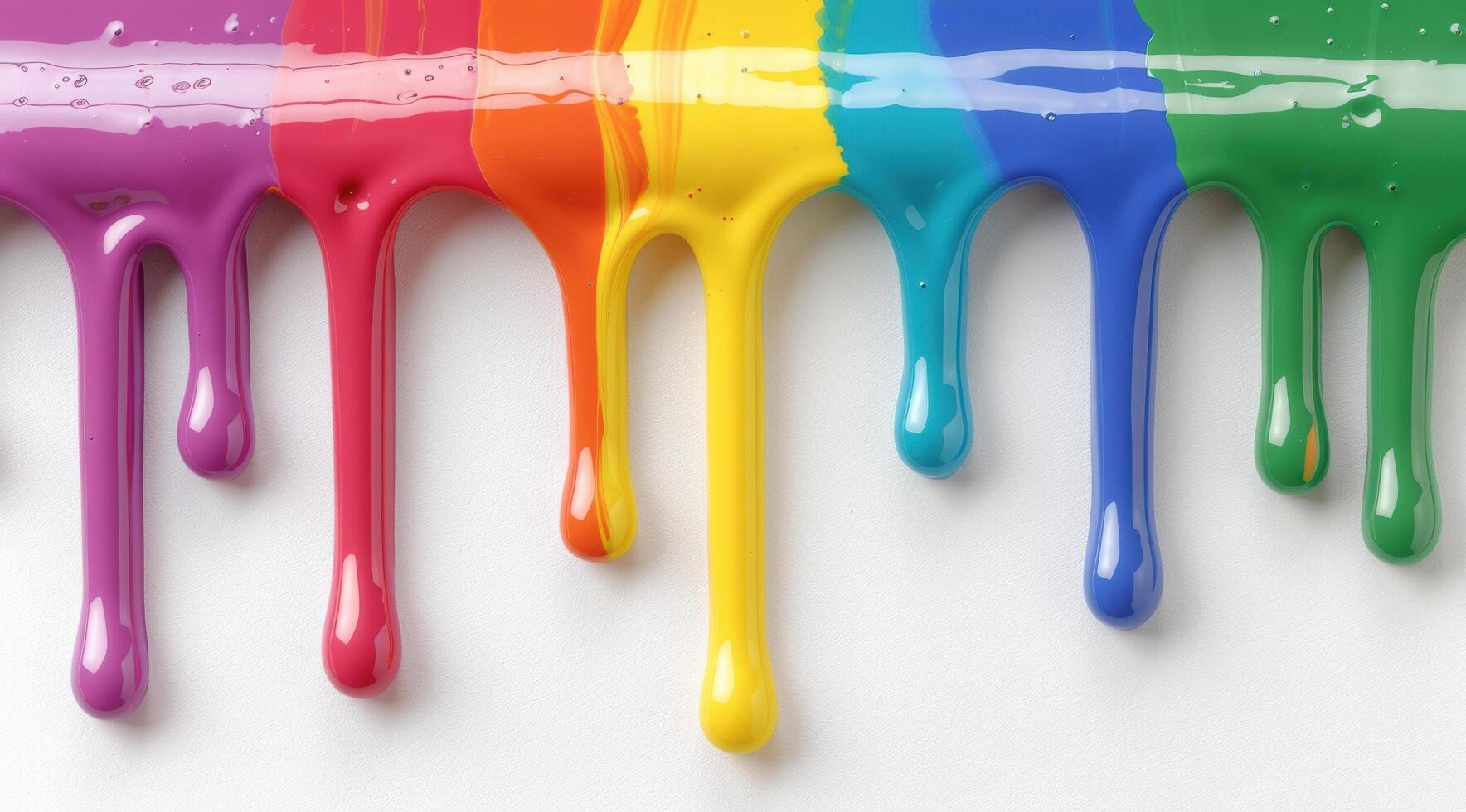 Colorful paint dripping down a white background photo