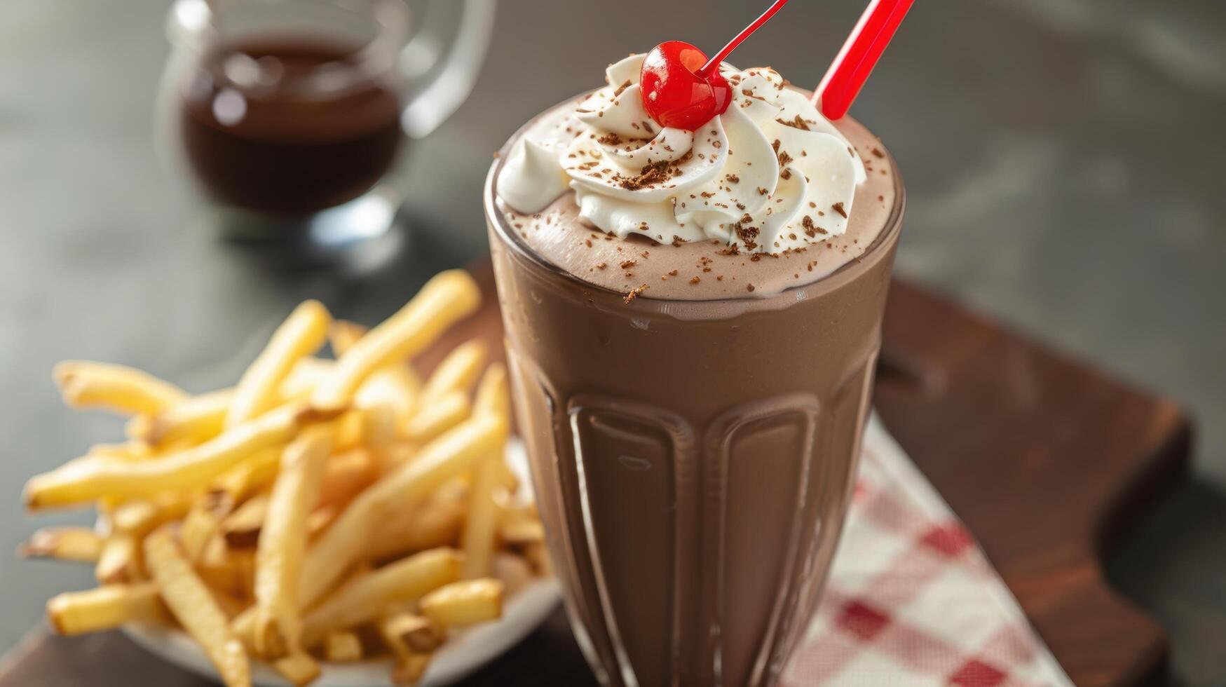Delicious chocolate milkshake with whipped cream and cherry on top, served with french fries photo