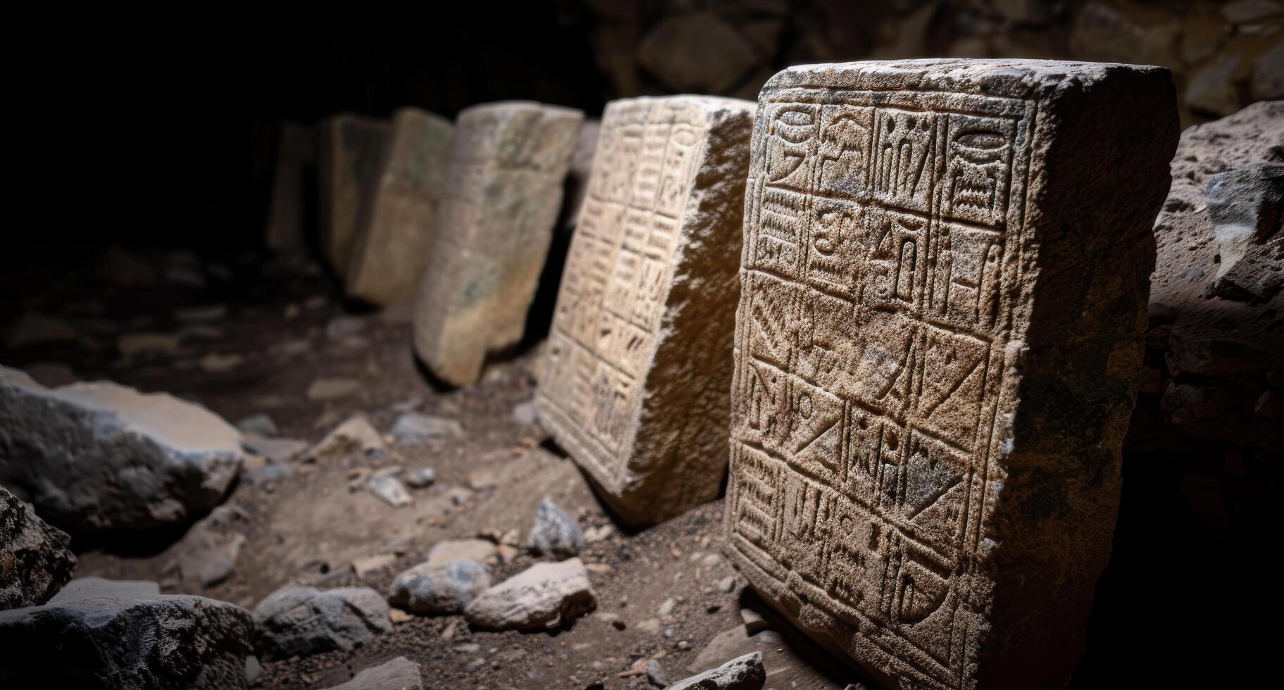ancient carved stone tablets with hieroglyphic symbols photo