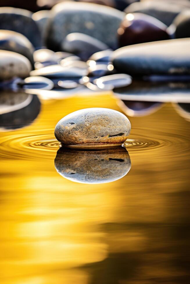 Tranquil reflection of smooth stones in golden water photo