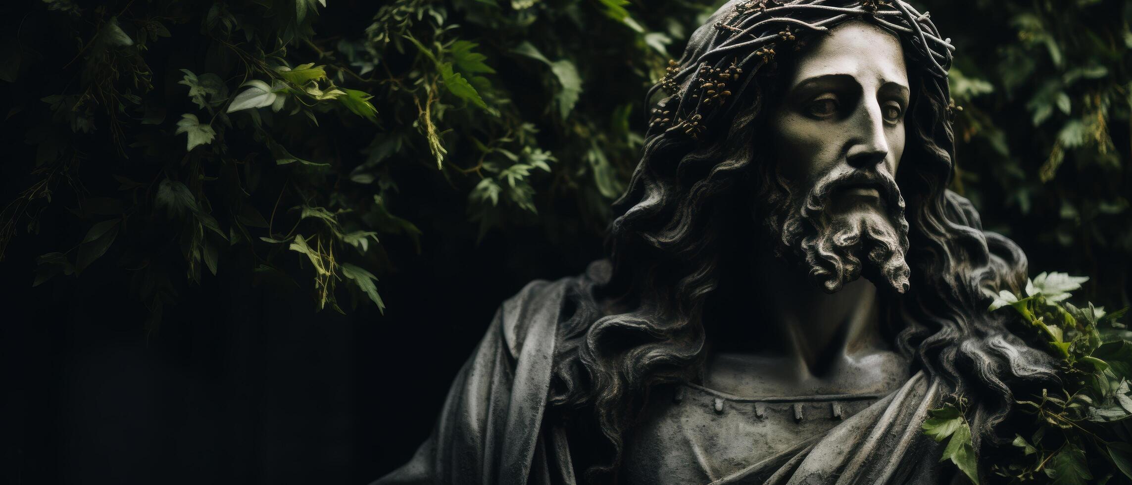 Serene religious statue in lush foliage photo