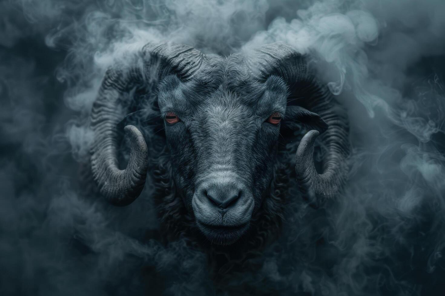 Mysterious demonic ram with glowing eyes in smoky atmosphere photo
