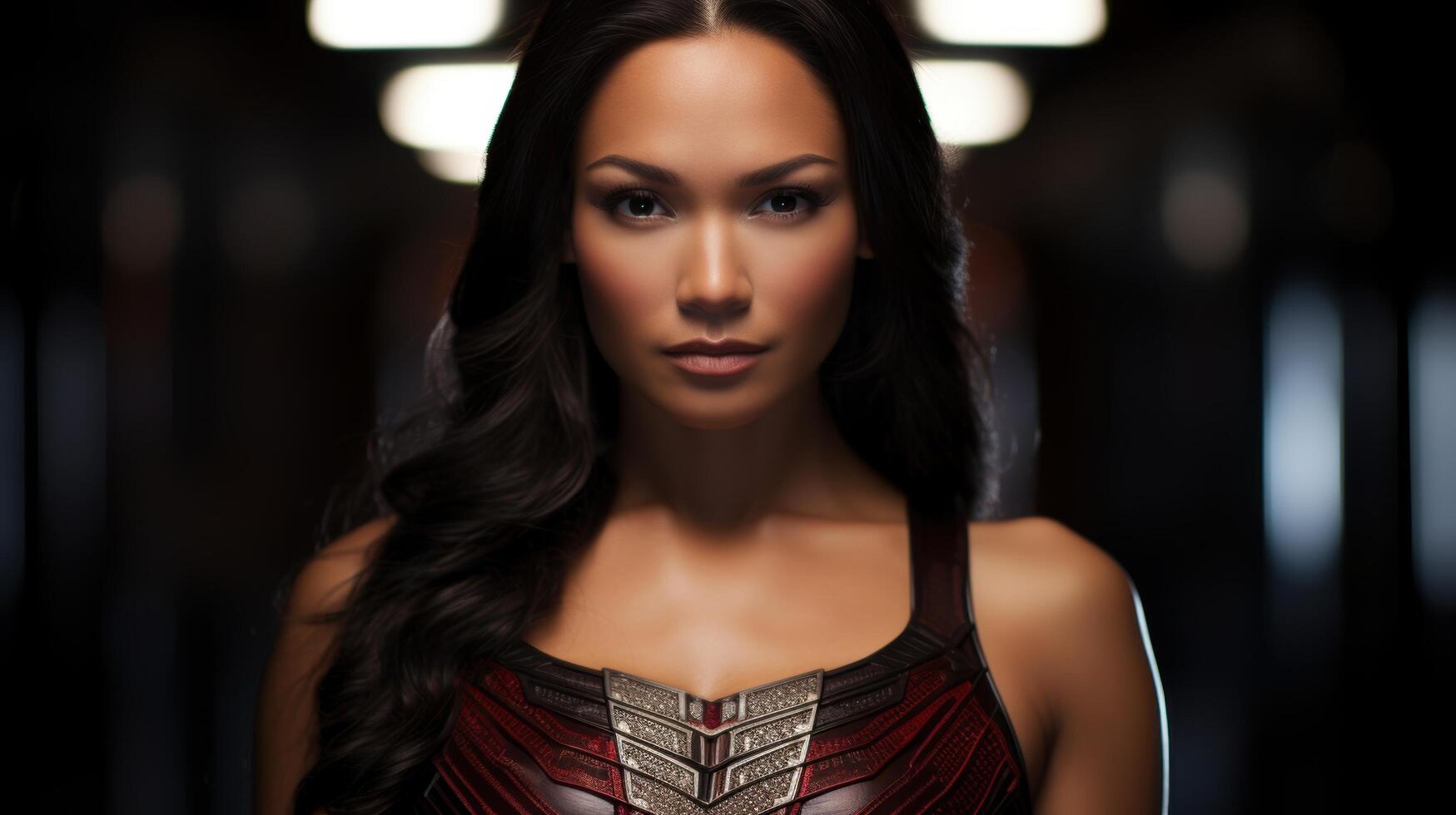 Powerful woman with bold makeup and dark hair photo