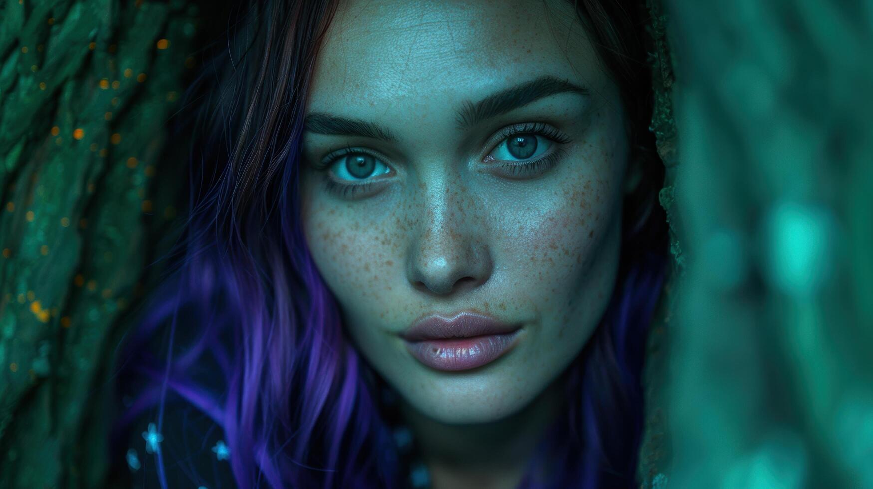 Mysterious woman with vibrant hair and striking eyes photo