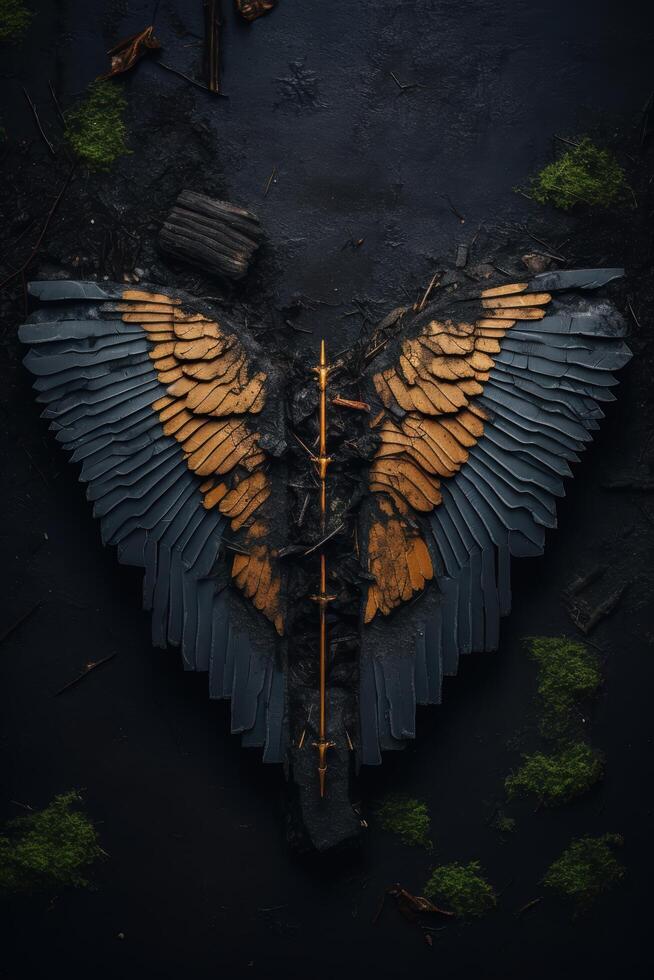 Majestic golden wings emerging from the darkness photo