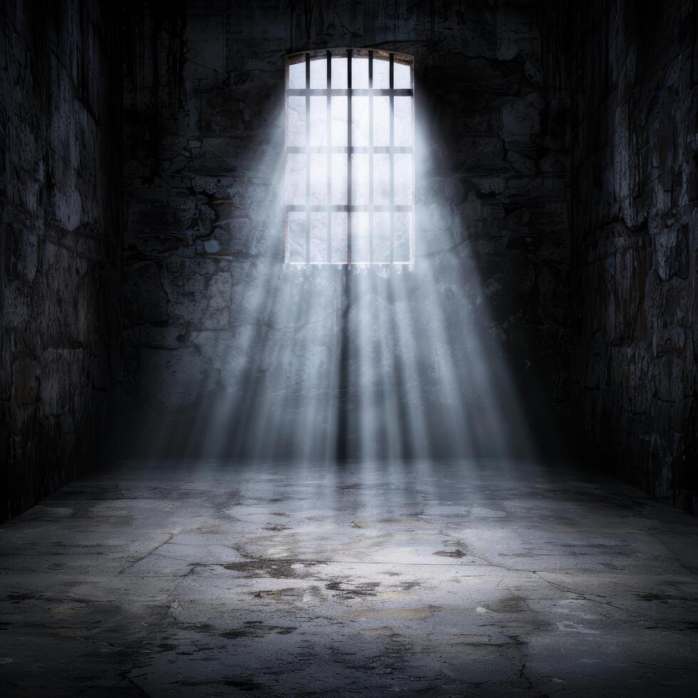 Dramatic light shining through barred window in dark abandoned building photo