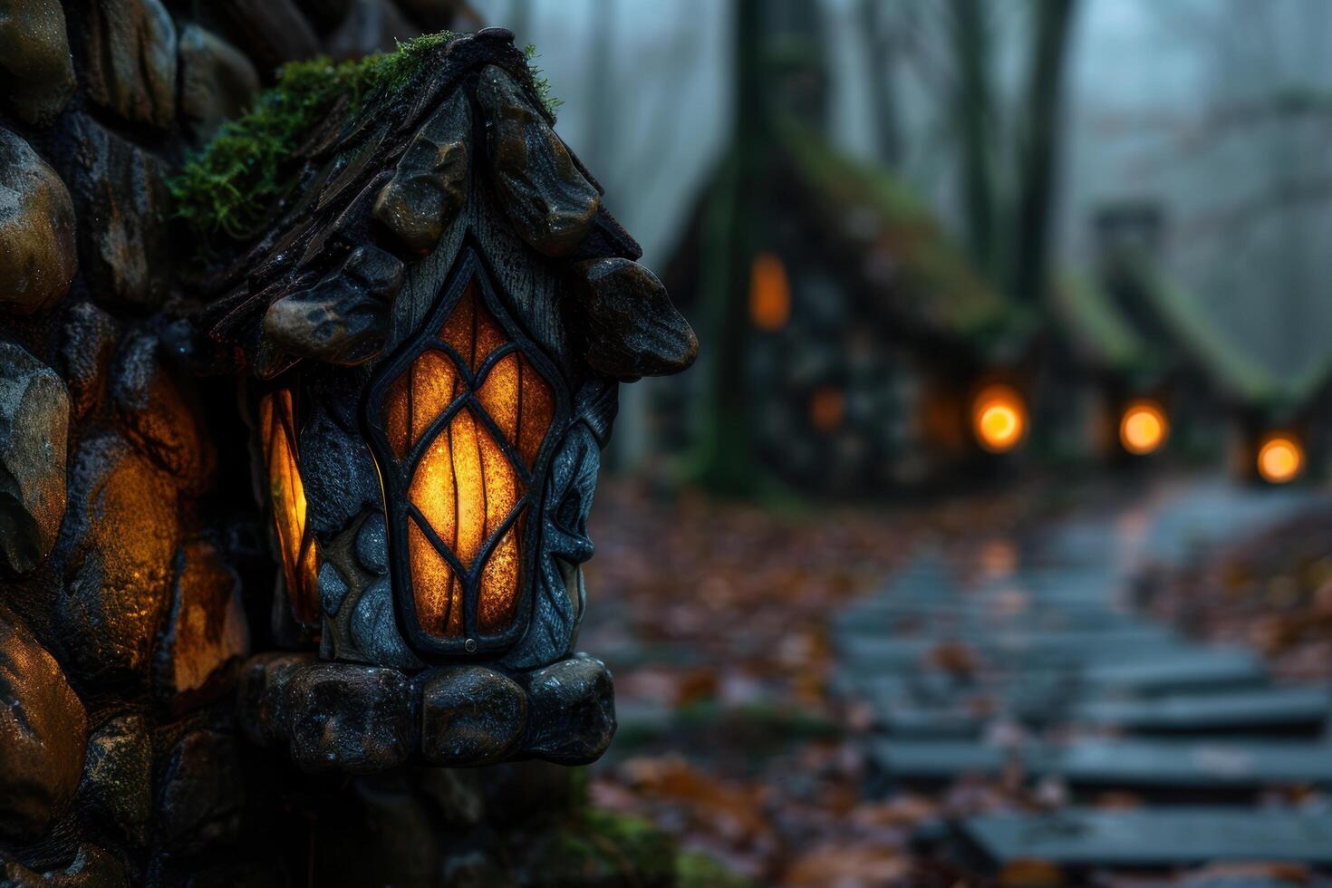 Glowing stone lantern in enchanted forest photo