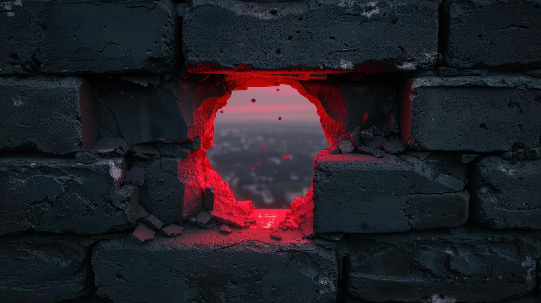 Glowing red portal in dark stone wall photo