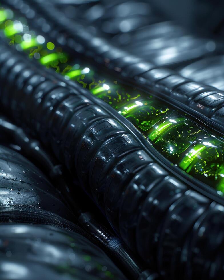 Closeup of a high tech camera lens with green light reflections photo