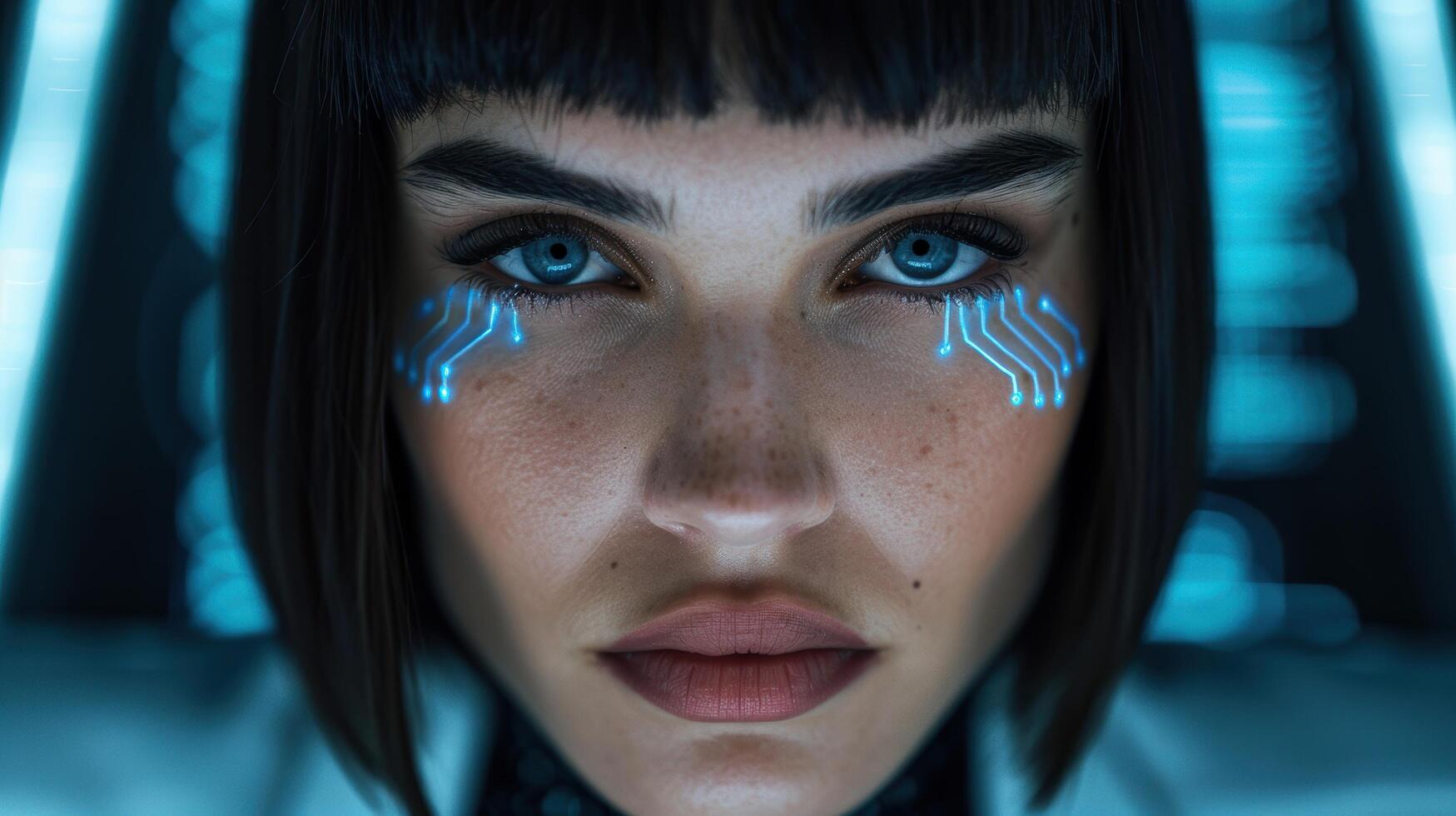 futuristic woman with glowing eyes and circuit board patterns photo