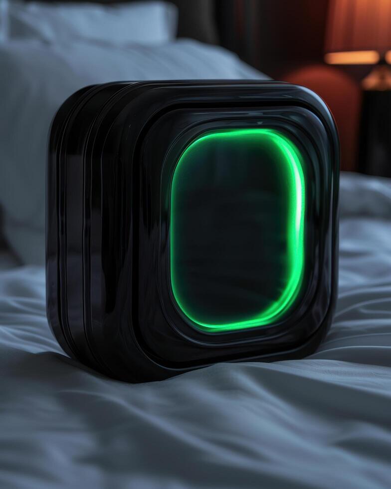 Glowing black device on a bed photo