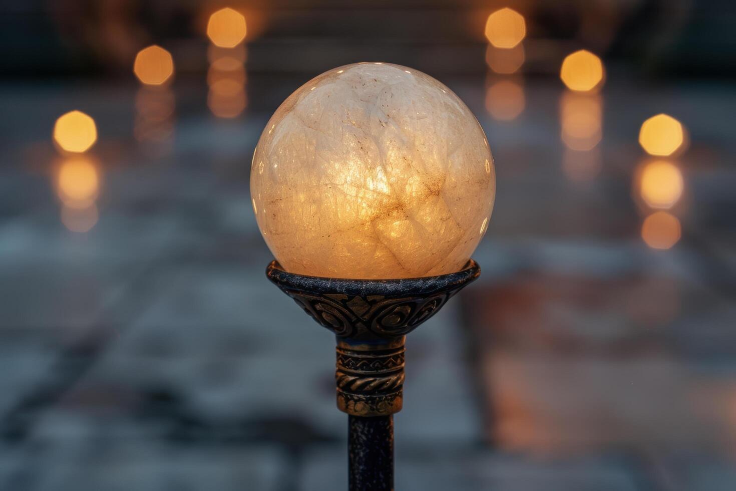 Glowing crystal ball on ornate stand photo