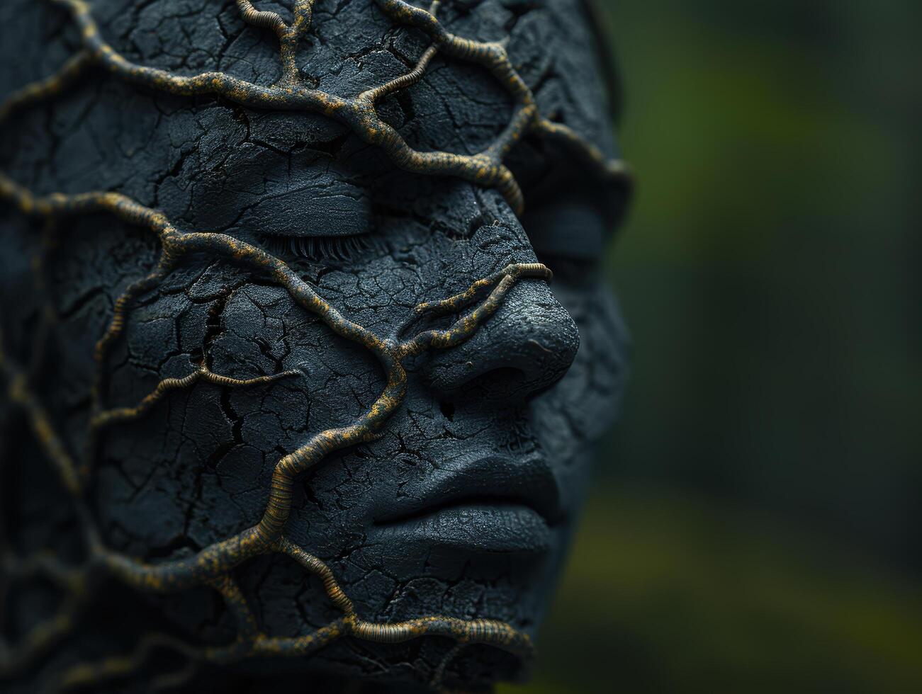 close up of a dark, cracked face with intricate patterns photo