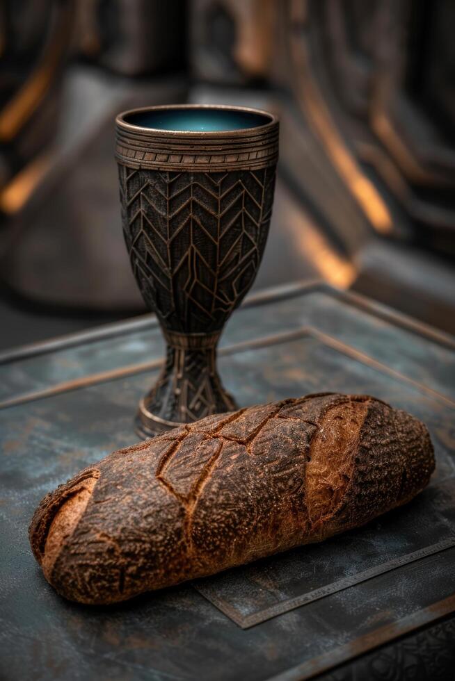 Ornate chalice and freshly baked bread on dark background photo