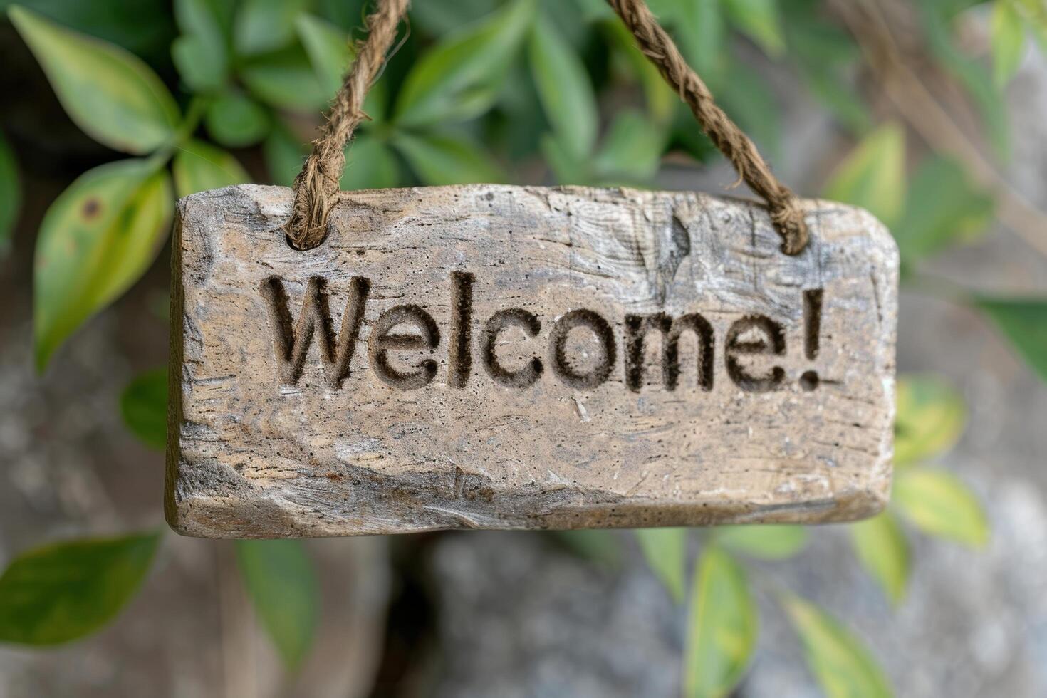Rustic wooden welcome sign hanging in lush greenery photo