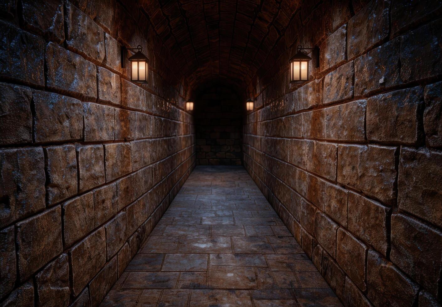Mysterious stone corridor with lanterns photo