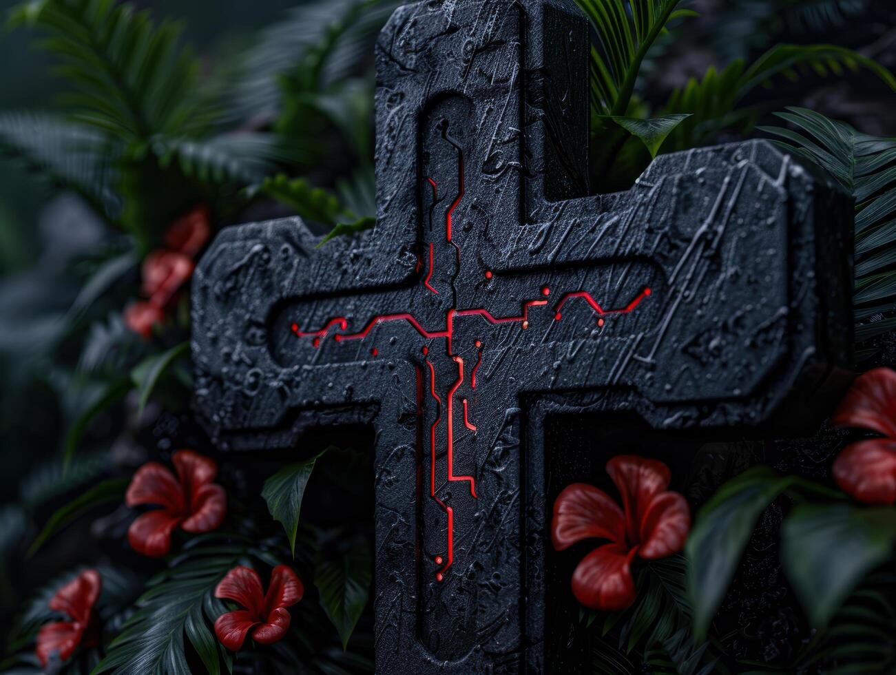 dark cross in tropical foliage photo