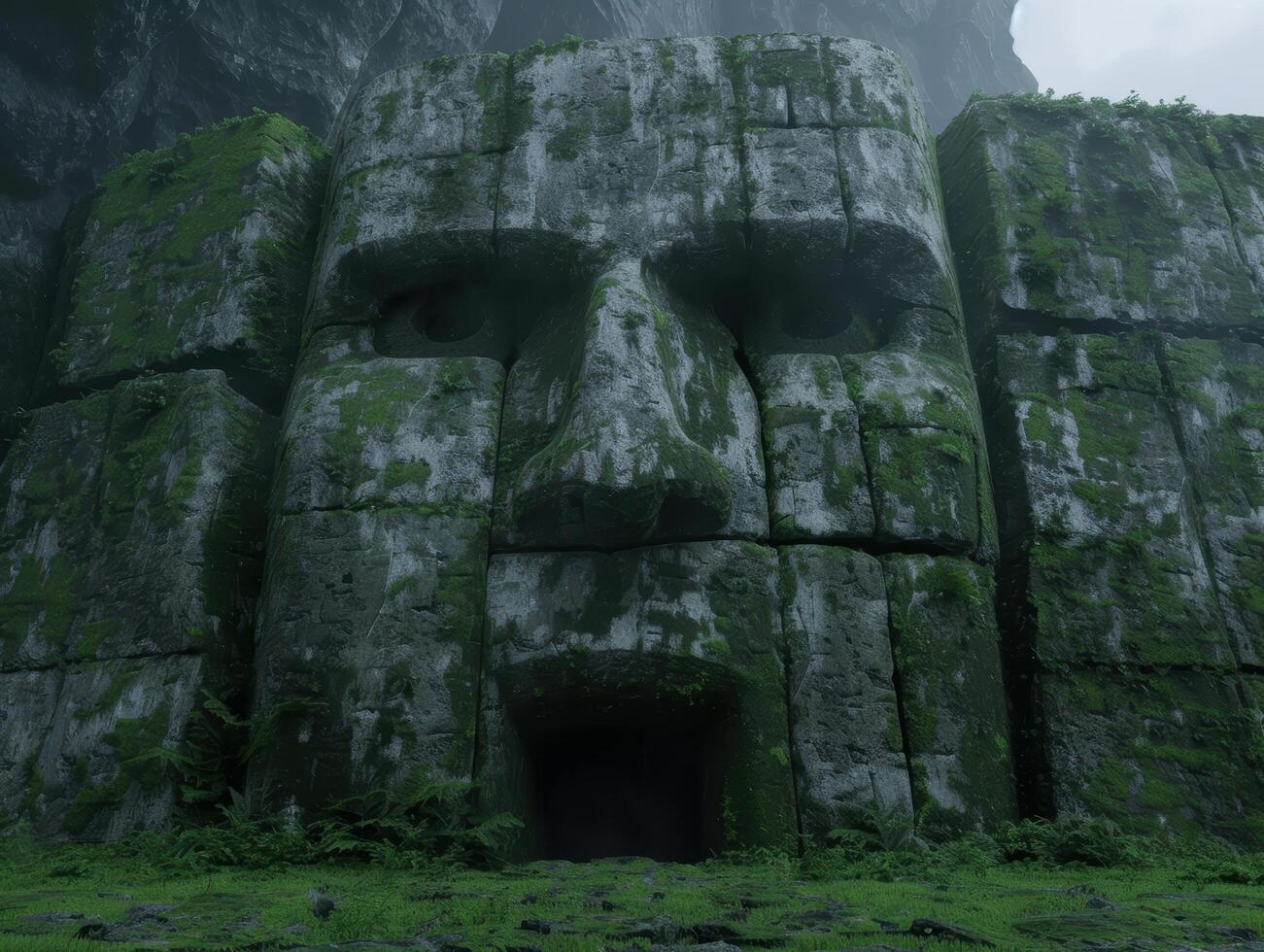 Mysterious ancient stone face in lush jungle environment photo