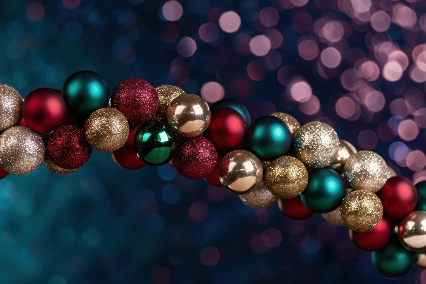 Festive holiday ornaments with glittering bokeh background photo