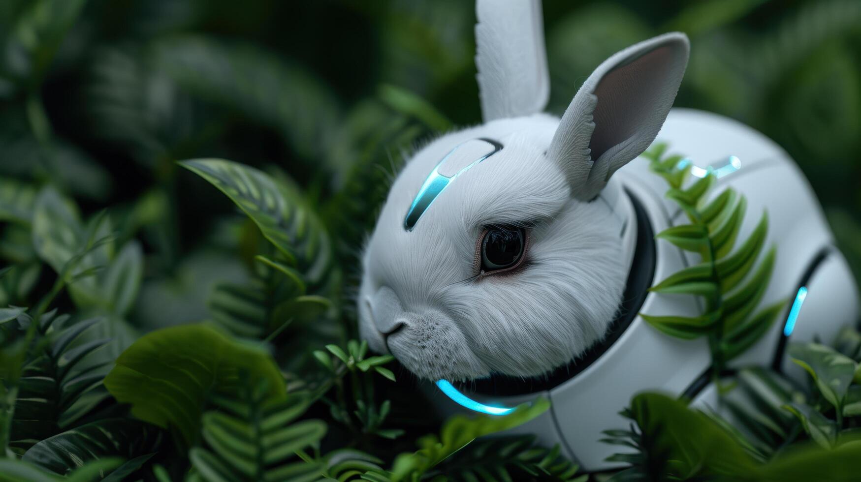 Cute white rabbit in lush green foliage photo